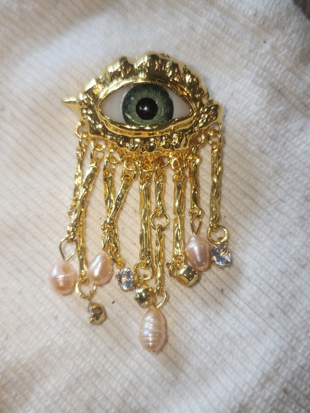 Gold Eye Brooch with Green Glass Iris and Pearl Drops - Picture 7 of 11
